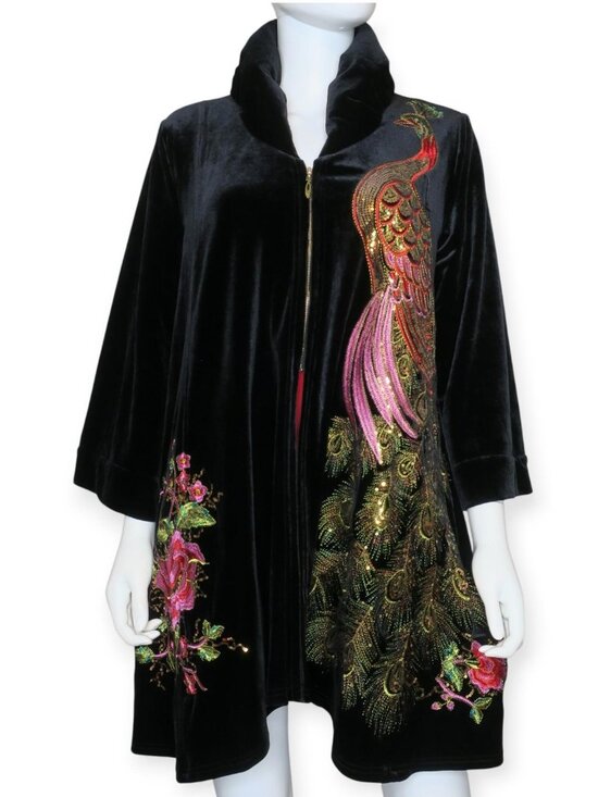 Vicky and Lukas Swing Coat Velvet Heavily Embroidered Peacock Floral Large - Picture 2 of 9